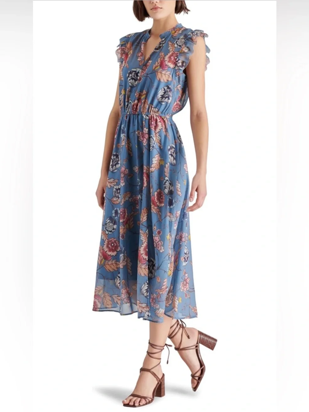 NWOT Steve Madden Allegra Blue Floral Ruffle Midi Dress Sz L Never Worn - Picture 3 of 3